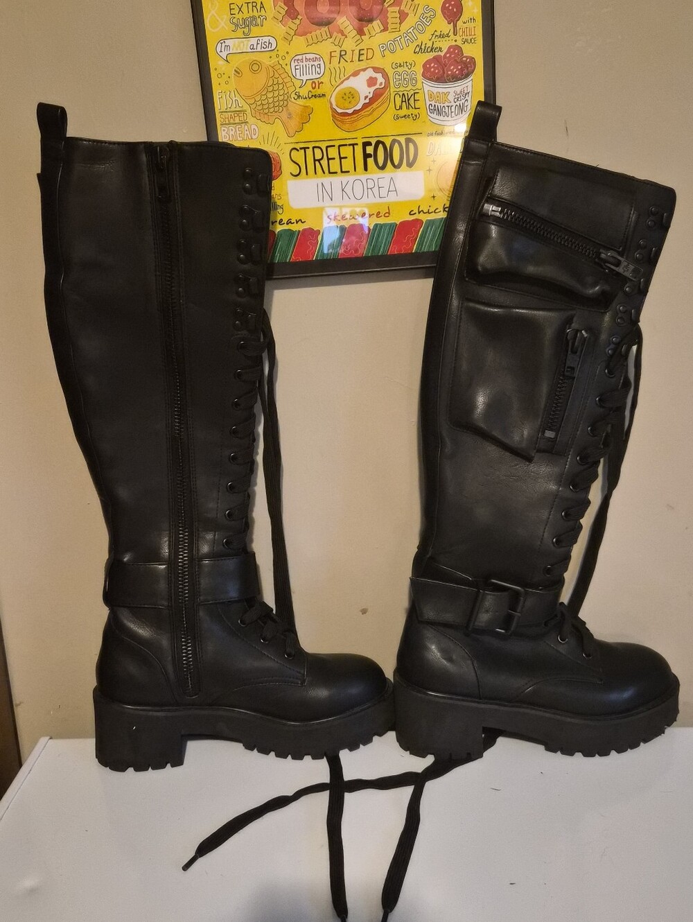 Black Knee-High Combat Pocket Boots